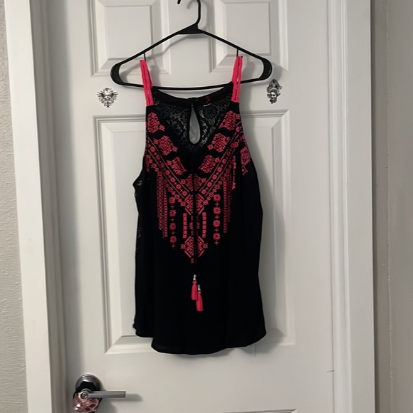 BLACK/PINK LACE CTHRU BACK TASSELS TIE FRONT Braided sleeves TOP XL🫶🏼 - Picture 3 of 8